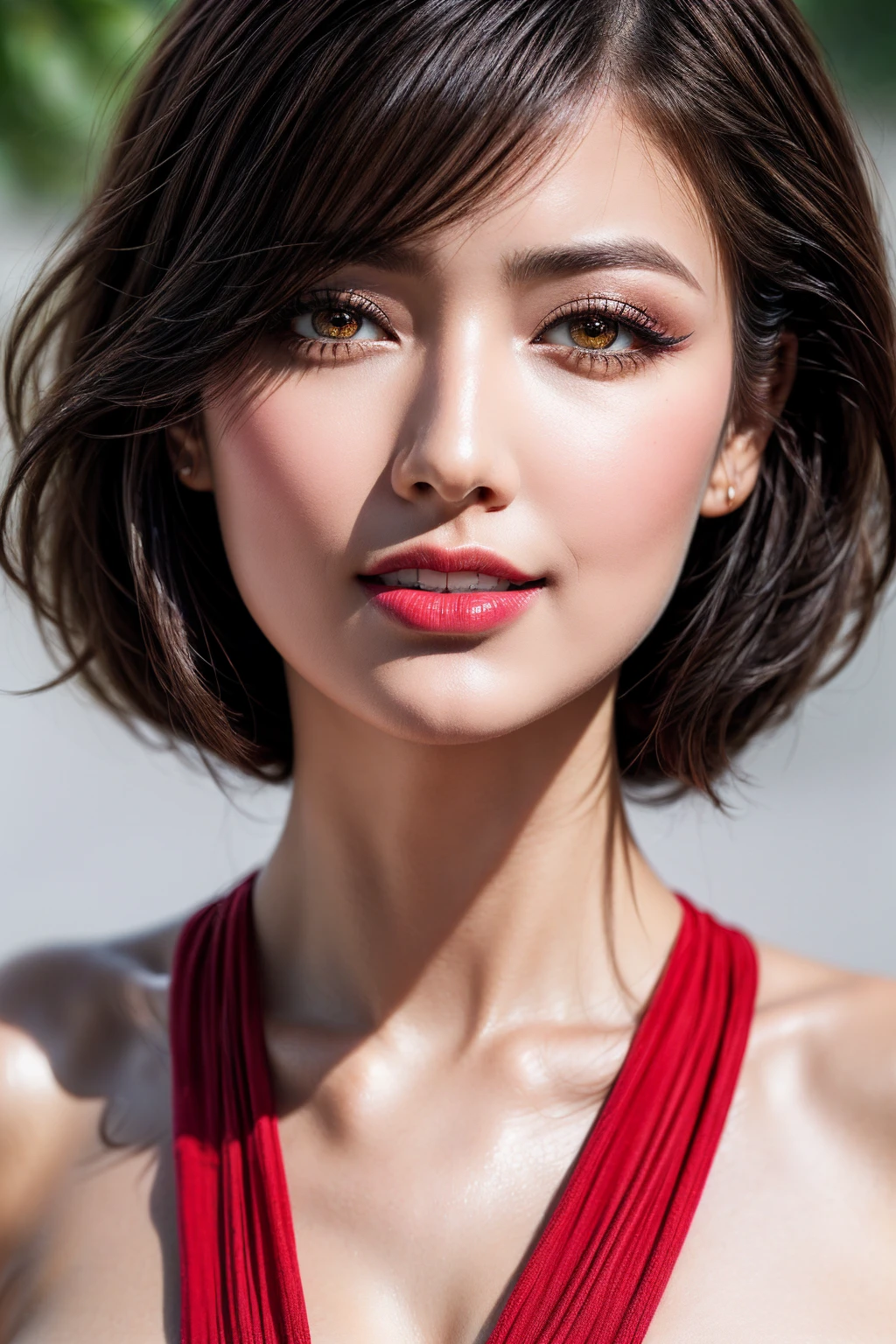 There is a woman with a black top and red lipstick, perfect dark, cinematic realistic portrait, Resident Evil,with short black hair、eye shadows、White skin、agent、Sienna Gherly,long eyelasher,eye shadows,petty face,largeeyes,exposed bare shoulders,hight contrast,