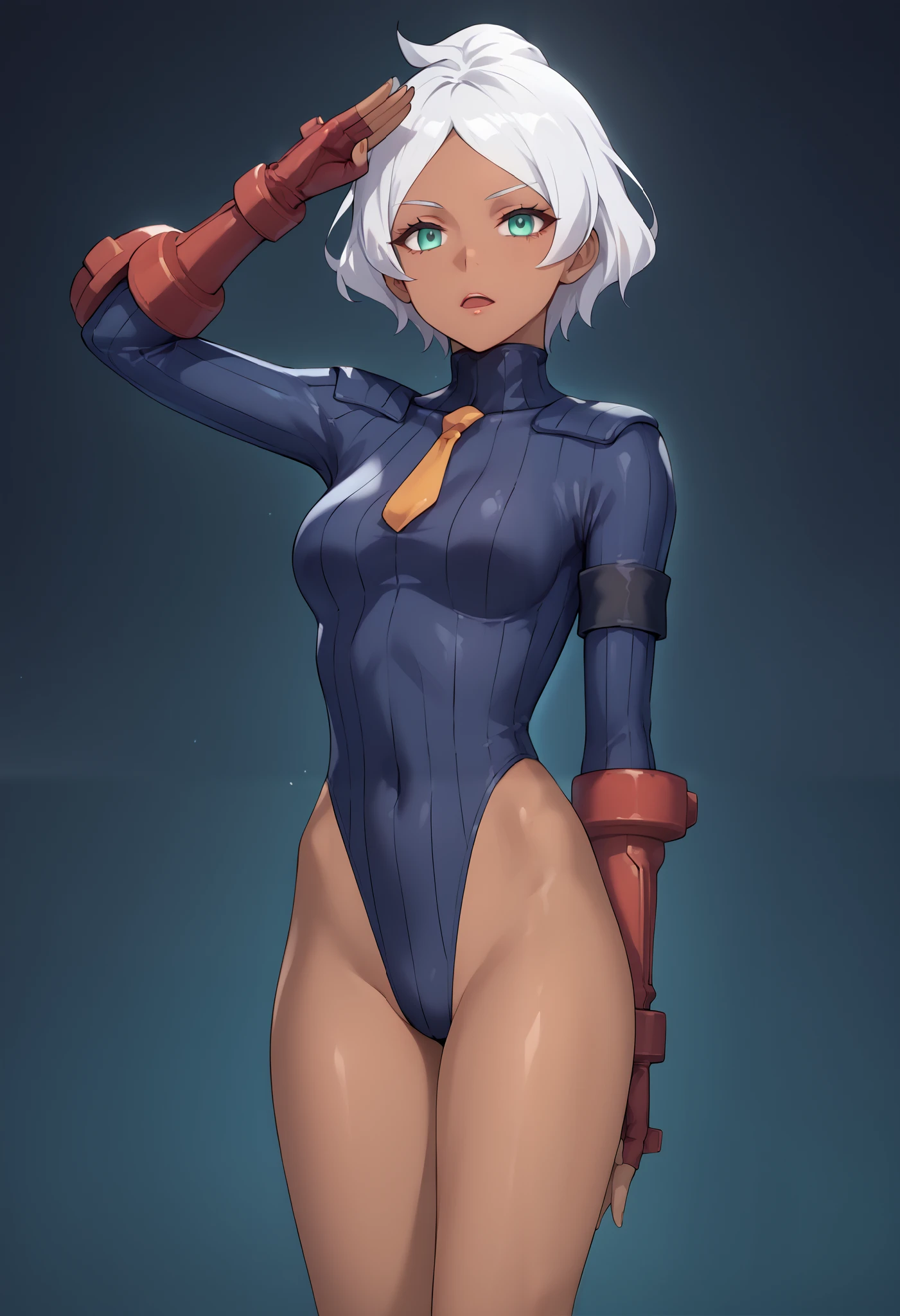 score_9, score_8_up, score_7_up, score_6_up, source_anime, 1 girl, seceliadote, secelia dote, dark skin, dark-skinned female, green eyes, short hair, white hair, ((jade dollsuit)), bare legs, salute, expressionless, void eyes, opened mouth,cowboy shot,simple background,