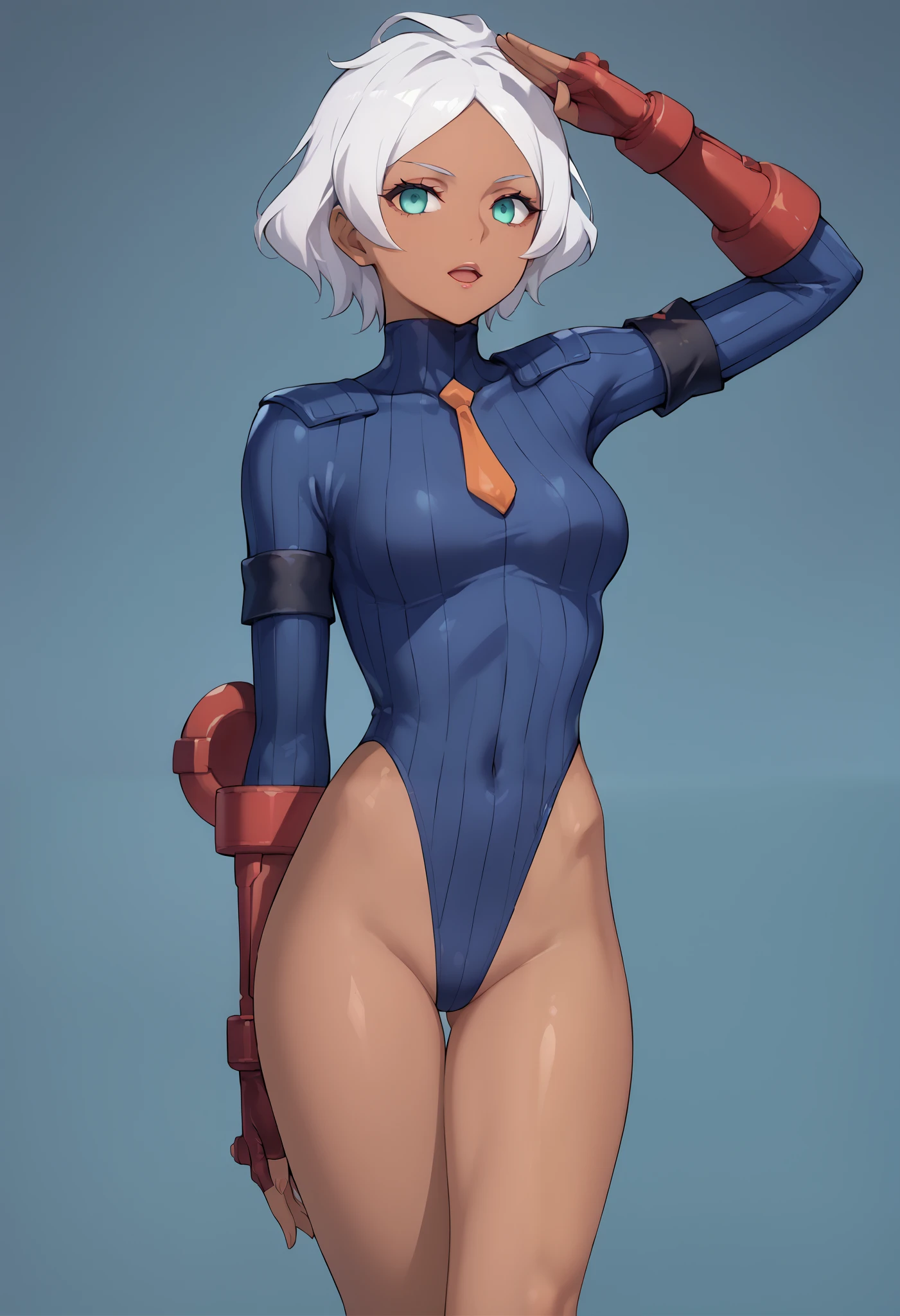 score_9, score_8_up, score_7_up, score_6_up, source_anime, 1 girl, seceliadote, secelia dote, dark skin, dark-skinned female, green eyes, short hair, white hair, ((jade dollsuit)), bare legs, salute, expressionless, void eyes, opened mouth,cowboy shot,simple background,