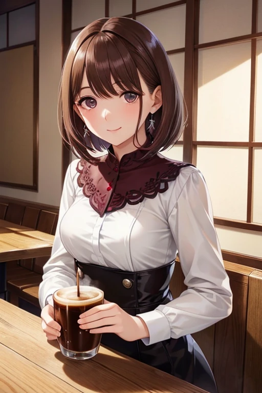 My Grandmother、  Shiny Maroon Hair  ,   shorthair, ( Clean brown eyes 、   Sparkling Eyes  , fine grain)、smile、 Very fine eyes 、  very detailed face  ,   very detailed eyes ,  Cowboy Shots 、   1 girl,  Alone, 


 ( top quality:1.2),   1 girl, Cafe、  DRINK COFFEE 