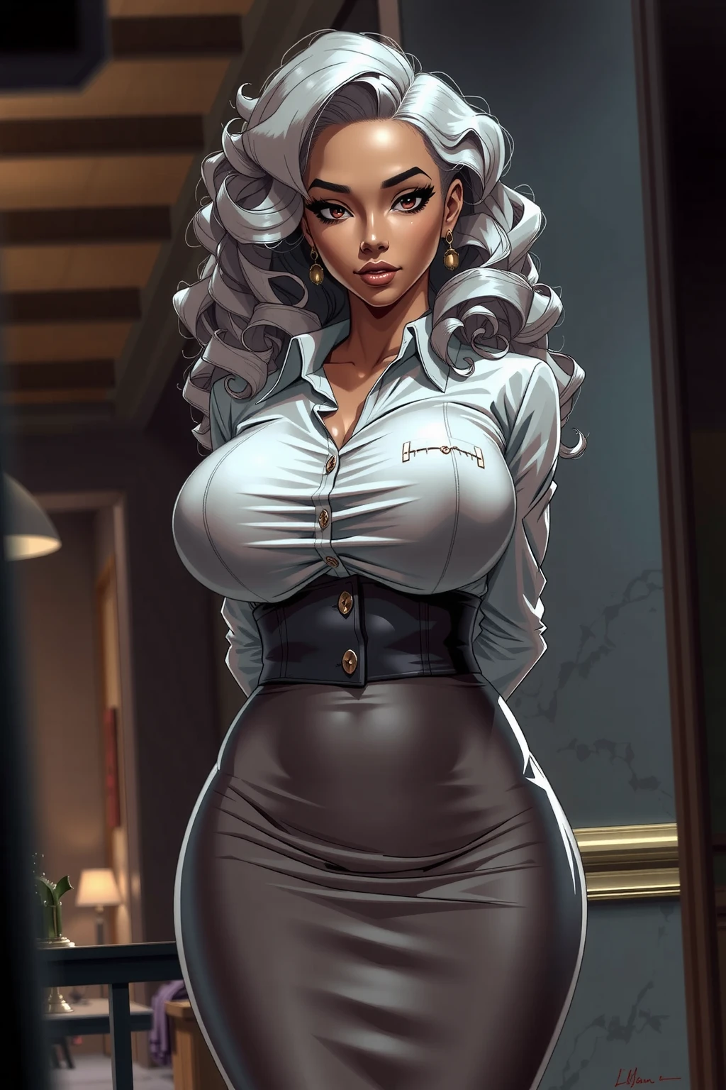 (best quality, masterpiece:1.2), Sketch of a hot looking dark brown skin woman standing in front of us. She is petite, with big breasts, cleavage, and a thin waist. She has brown eyes and long curly white hair. She is wearing a solid slim button long sleeve shirt dress. Shadow background. Sketch. Shading. Lighting, hyperrealistic and photorealistic style, detailed skin texture and coloring, arms behind back, 