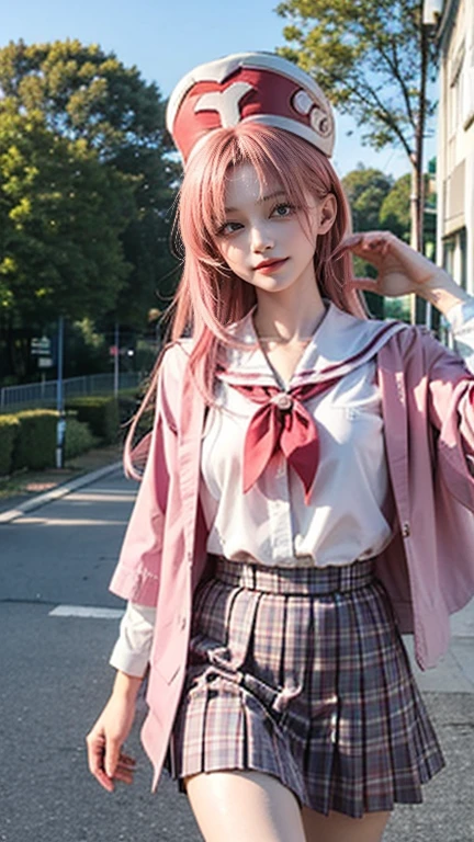 masterpiece, best quality,  outdoors,facial mark,walking,1girl,grin, school uniform,solo,pink hair,long hair,very long hair,green eyes, hat,