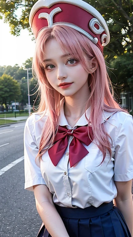 masterpiece, best quality,  outdoors,facial mark,walking,1girl,grin, school uniform,solo,pink hair,long hair,very long hair,green eyes, hat,