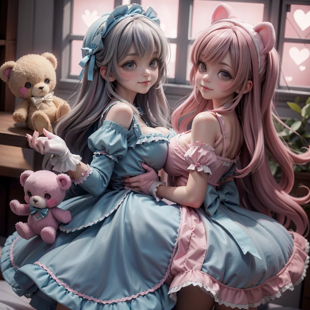 2girl, photo, masterpiece, sweetlolita at bedroomgothic gothic interior, blue white dress fabric, heart shape on cheek, blush pink makeup, gloves, smile, pastel color, ornate, broderry, holding stuffed teddy bear, bokeh,, huge boobs, huge ass