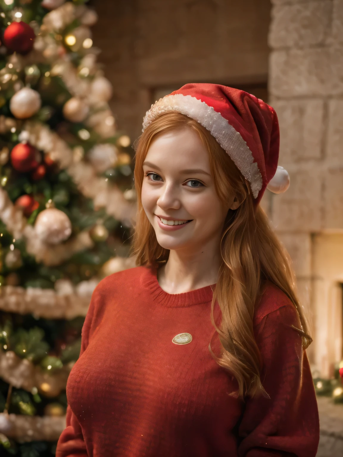 RAW photo of abigailcowen-ti, natural lighting, 8k uhd, dslr, high quality, film grain, Fujifilm XT3, <lora:add_detail:0.7> by David LaChapelle, (christmas clothing)
