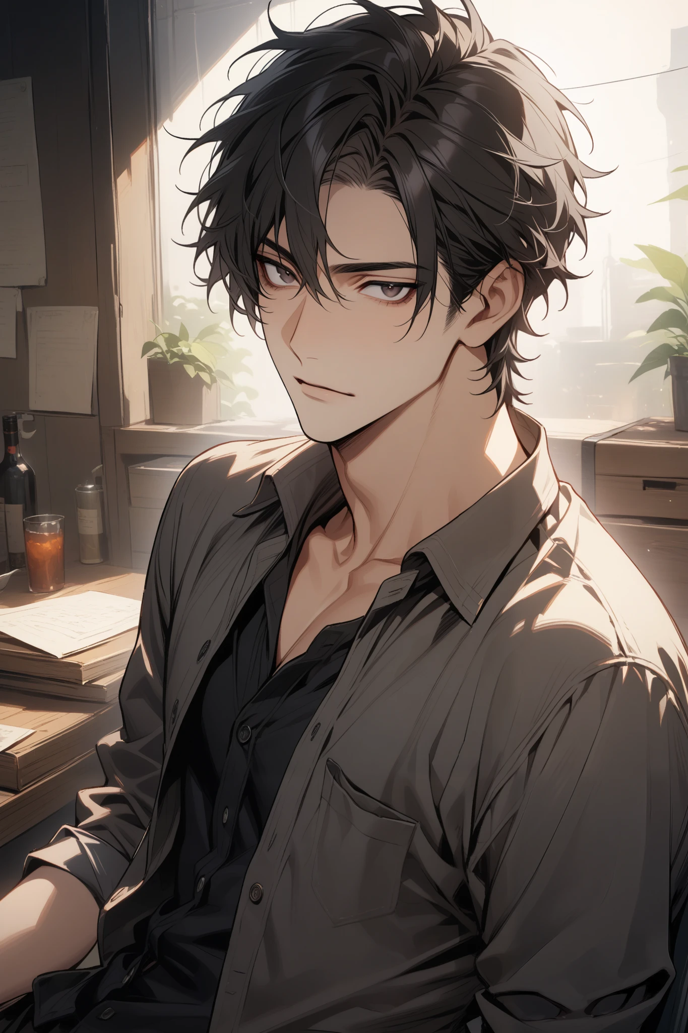 Man, handsome, short black hair, dark eyes, shirt