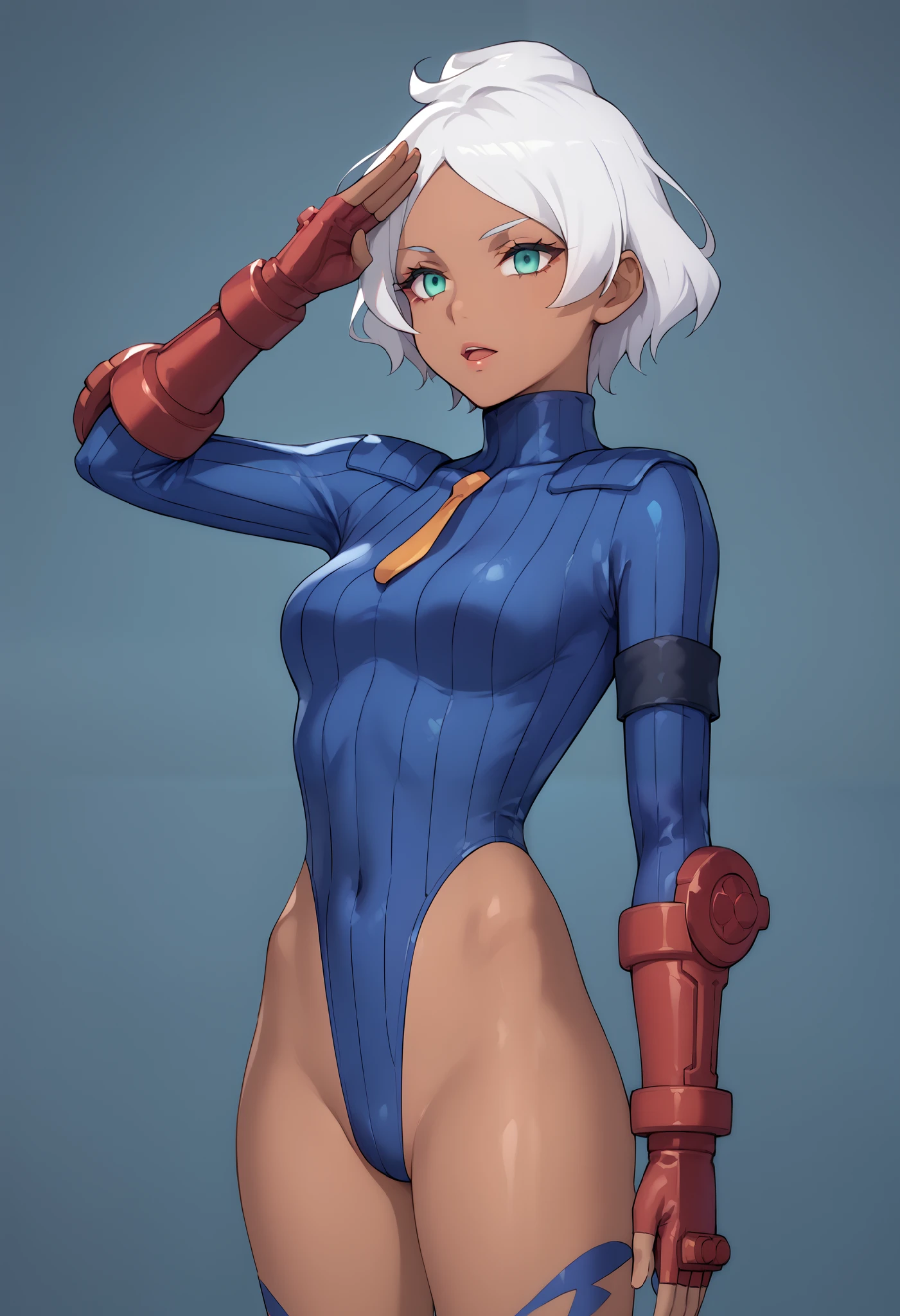 score_9, score_8_up, score_7_up, score_6_up, source_anime, 1 girl, seceliadote, secelia dote, dark skin, dark-skinned female, green eyes, short hair, white hair, ((jade dollsuit)), bare legs, salute, expressionless, void eyes, opened mouth,cowboy shot,simple background,