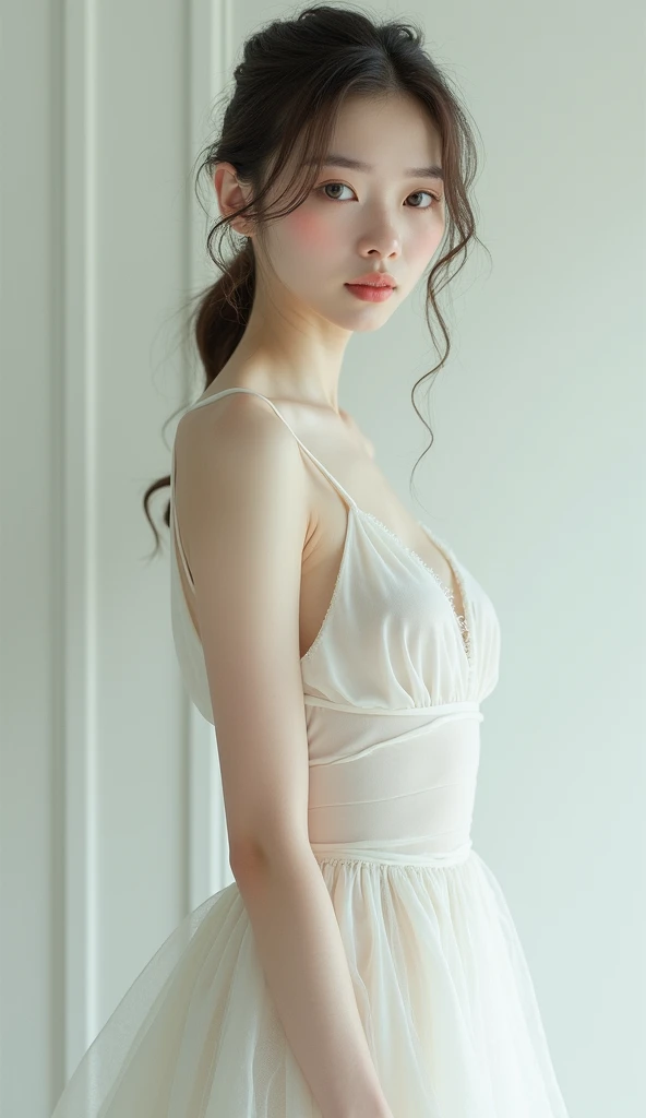 ((1 girl)), Very beautiful Japanese idol portraits, (RAW Photos, Highest quality), (Realistic, Realistic:1.4), (masterpiece), Very delicate and beautiful, Very detailed, 2k wallpaper, wonderful, finely, Very detailed CG Unity 8K 壁紙, Very detailed, High resolution, Soft Light, Beautiful detailed girl, Very detailed目と顔, Beautiful and detailed nose, finelyて美しい目, Cinema Lighting, (Simple light color background:1.3), (Long Hair), (Parted bangs), Complete Anatomy, Slender body, Small breasts, smile, ((Full body shot)), ((banker)), (White chemise),(Panty lines),Sexy pose,Vibrant,((secretary)),Slender,Long legs,(White long slip skirt),(race),