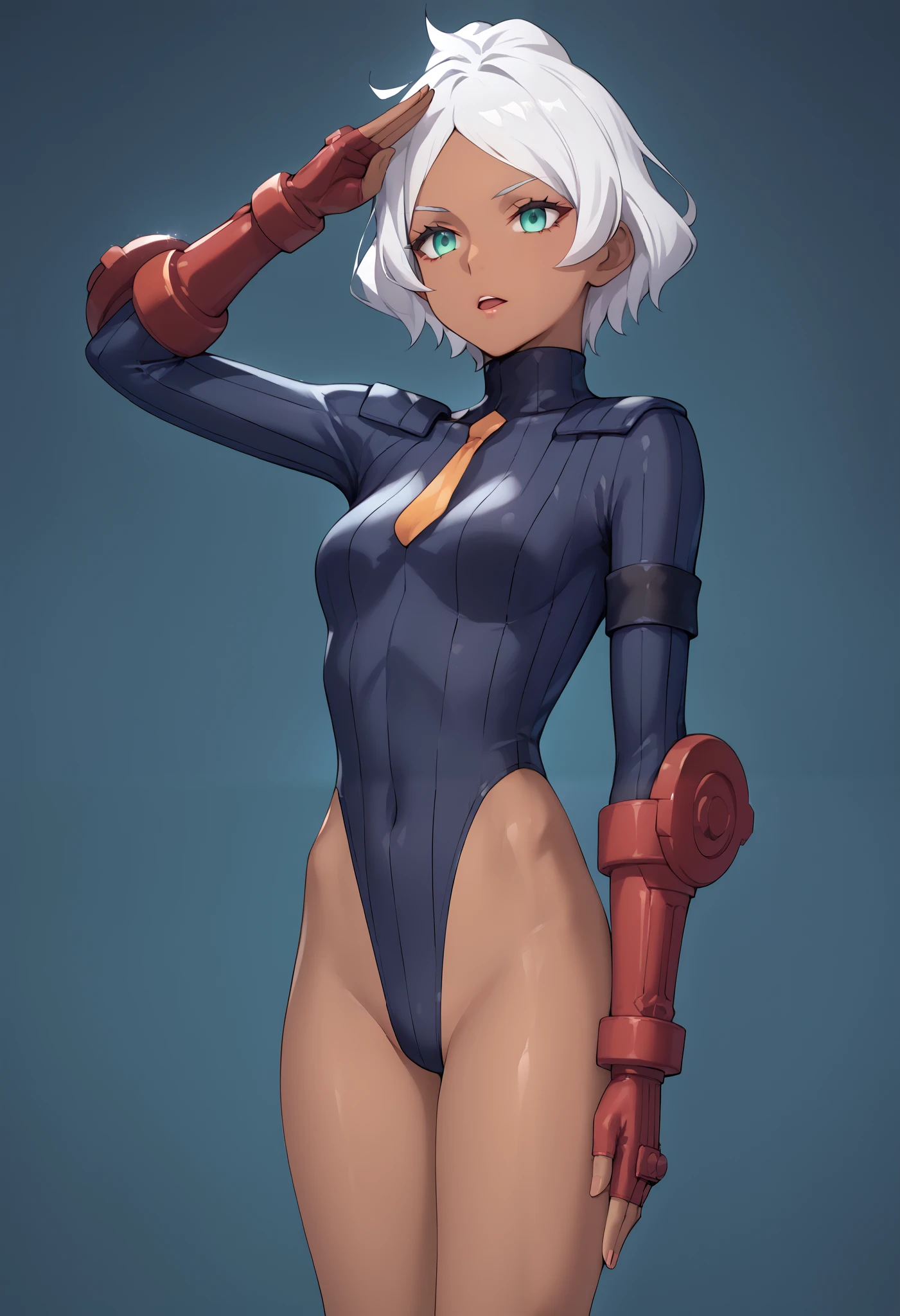 score_9, score_8_up, score_7_up, score_6_up, source_anime, 1 girl, seceliadote, secelia dote, dark skin, dark-skinned female, green eyes, short hair, white hair, ((jade dollsuit)), bare legs, salute, expressionless, void eyes, opened mouth,cowboy shot,simple background,dutch angle