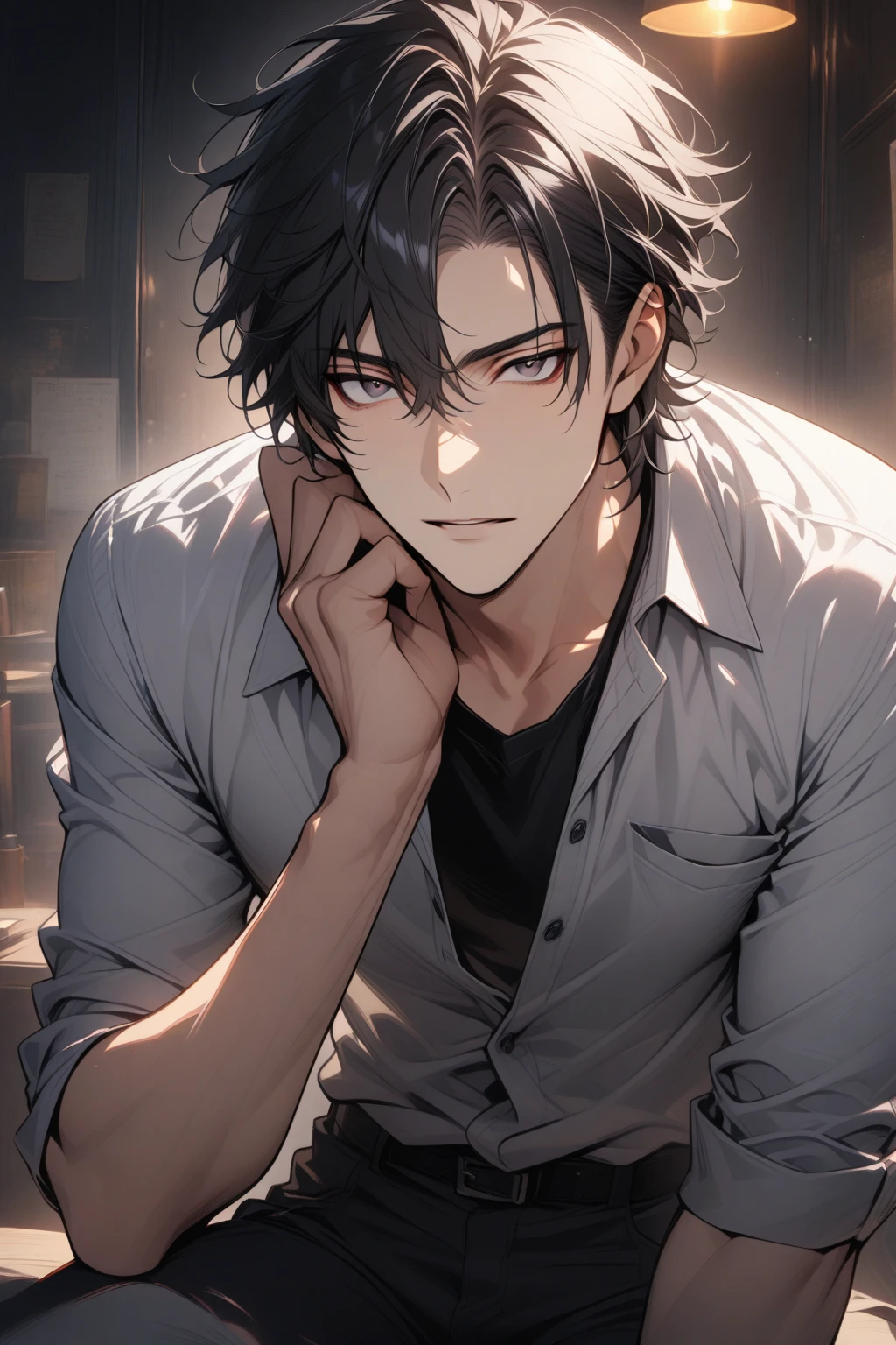 Man, handsome, short black hair, dark eyes, shirt