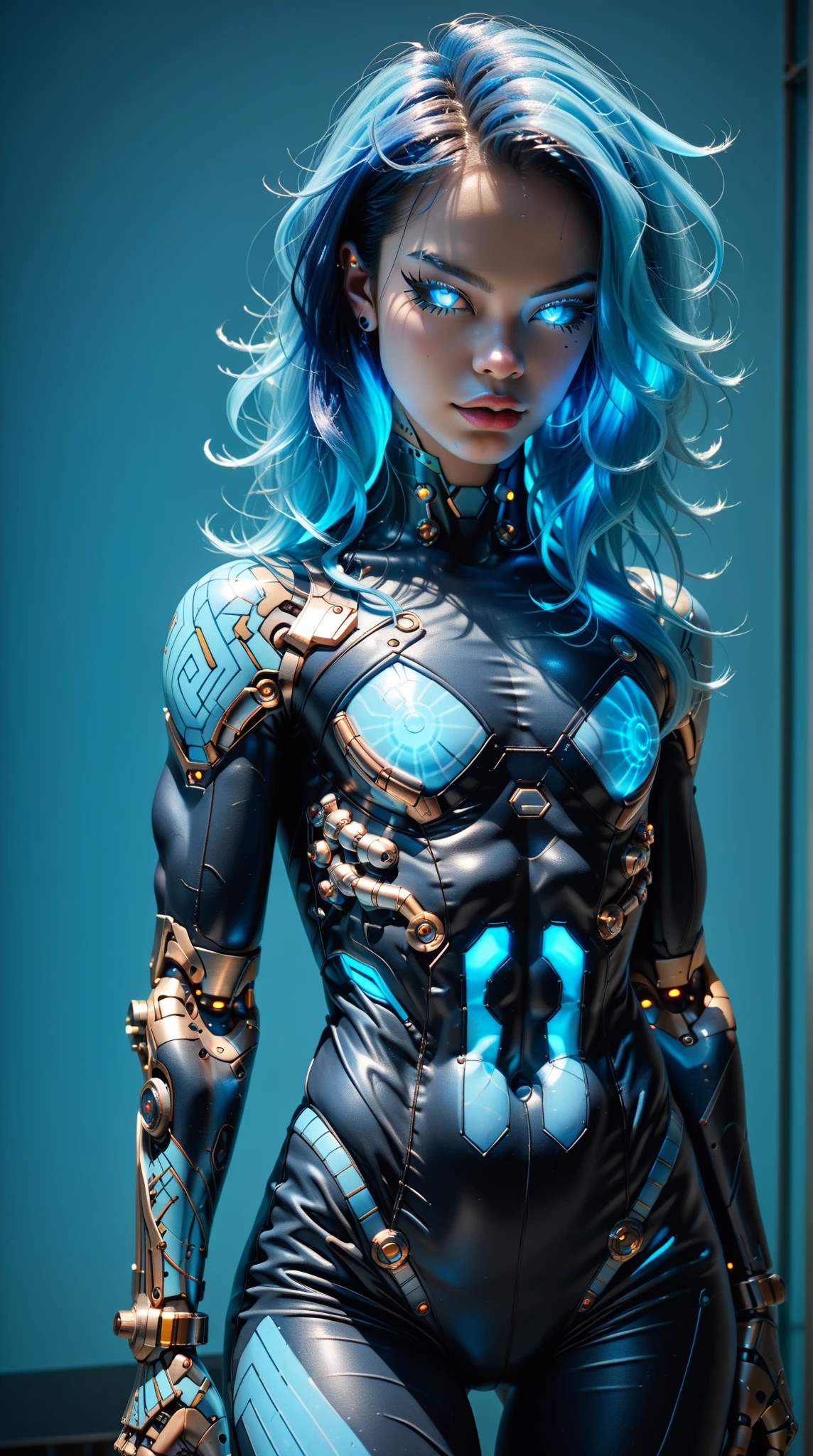 score_9, score_8_up, score_7_up, (Three quarters Shot), (1 girl), (asian), beautiful teenage (skinny) muscular goth cyborg girl, (full Cybernetic bodysuit:1.5), (black sclera:1.5), (blue glowing eyes:1.5), (blue glowing body veins:1.5), (flat chest:1.25), (blue glowing hair:1.25), (beautiful face:1.25), (bodybuilder femboy physique:1.25), (skinny long legs:0.75), (intricate gold filagree:1.25), bimbo lips, cowboy shot, cybernetic, mechanoid body parts, exposed cables and circuits, neon lights, gothic neon style, cyber punk style, super realistic image, beautiful digital paint , hyper Realistic illustrations, CyberRealistic_Negative_PONY-neg,CyberRealistic_Negative_PONY