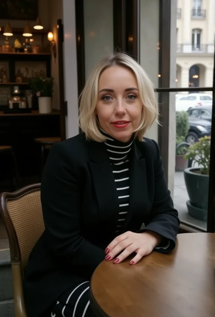 a beautiful young blonde woman sitting at a cafe on a street in paris, wearing a stylish outfit, short bob hairstyle, noir photography style, paris fashionista, no glasses, detailed face, detailed eyes, detailed lips, highly detailed, 8k, photorealistic, cinematic lighting, dramatic shadows, muted tones, moody atmosphere