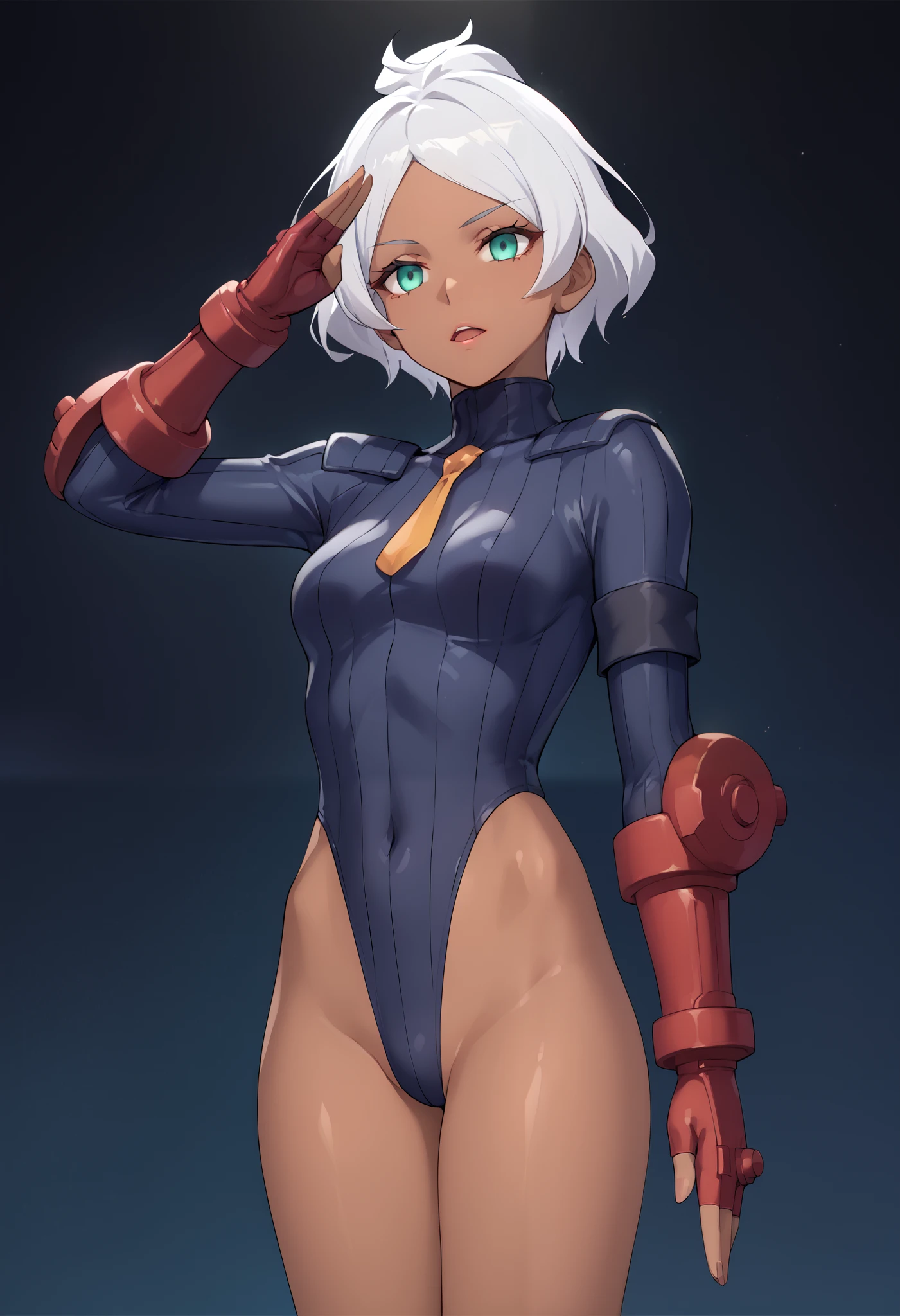 score_9, score_8_up, score_7_up, score_6_up, source_anime, 1 girl, seceliadote, secelia dote, dark skin, dark-skinned female, green eyes, short hair, white hair, ((jade dollsuit)), bare legs, salute, expressionless, void eyes, opened mouth,cowboy shot,simple background,dutch angle