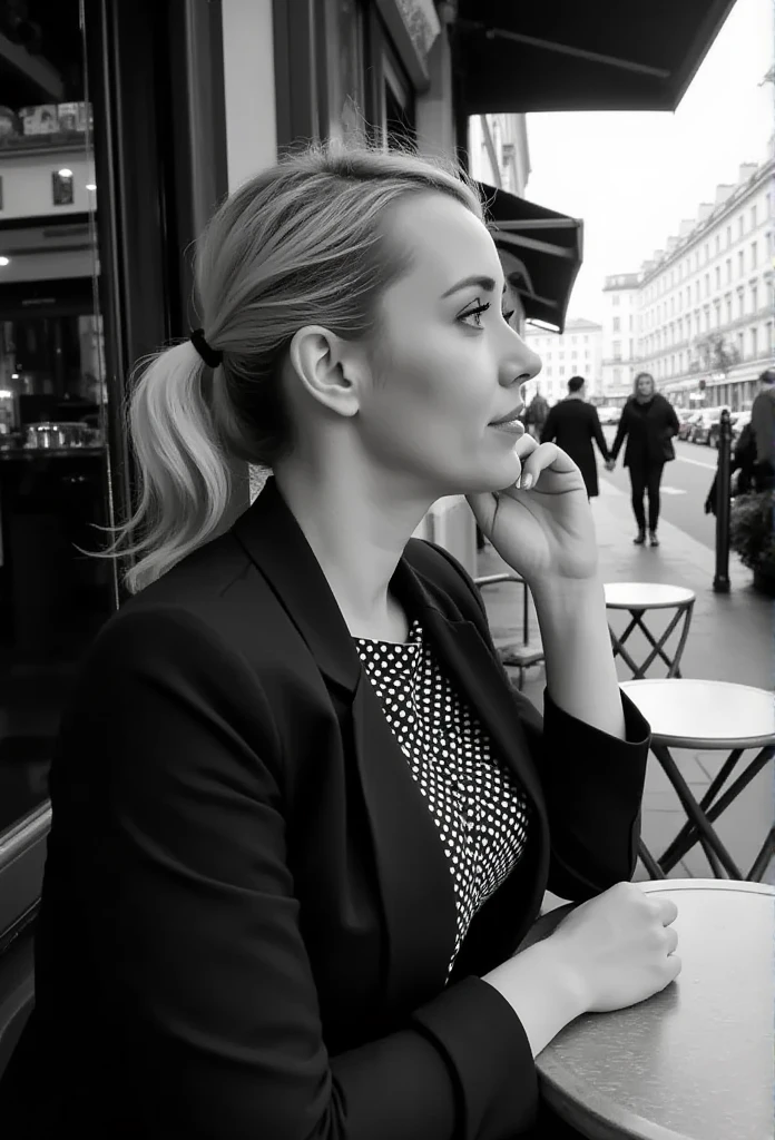 Woman blonde cafe on the street Paris hairstyle square photos Noir style Parisian Fashionista. without glasses