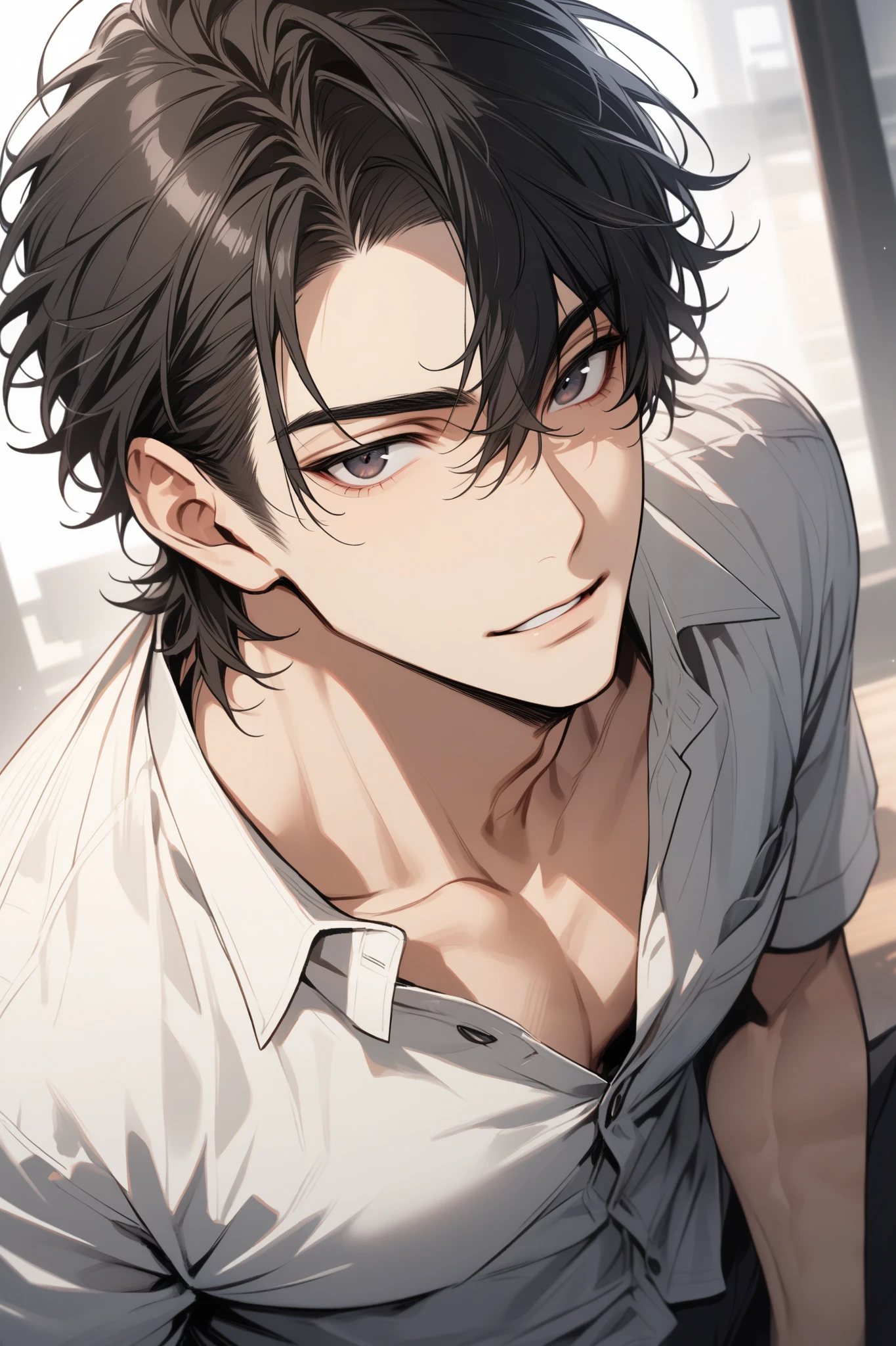 Man, handsome, short black hair, dark eyes, shirt