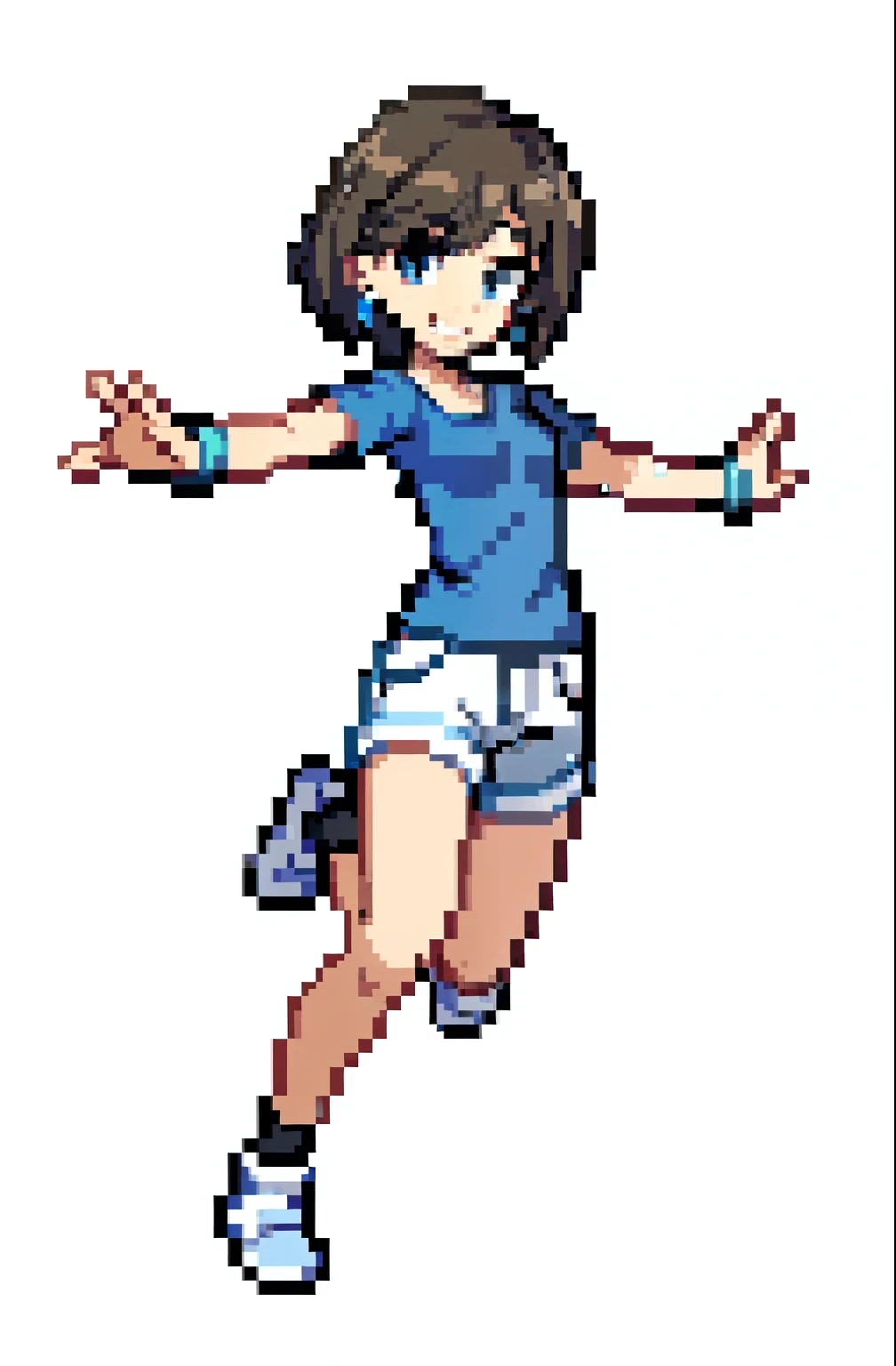 pixel art of a woman, full length, dynamic pose, smile, light brown hair, short hair, light blue shirt, white shorts, white background