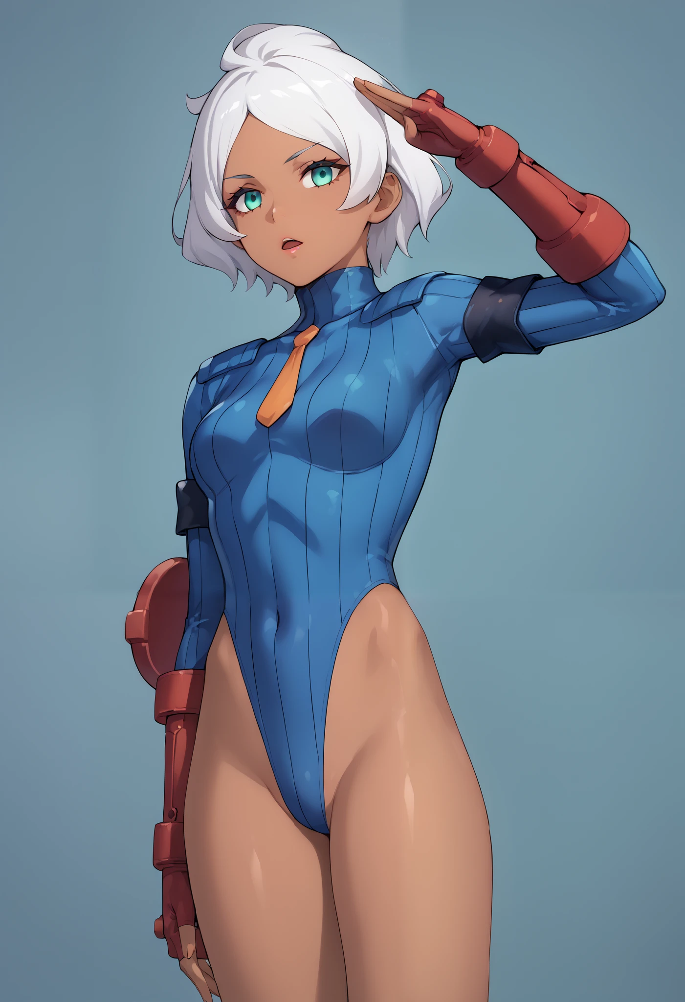 score_9, score_8_up, score_7_up, score_6_up, source_anime, 1 girl, seceliadote, secelia dote, dark skin, dark-skinned female, green eyes, short hair, white hair, ((jade dollsuit)), bare legs, salute, expressionless, void eyes, opened mouth,cowboy shot,simple background,dutch angle