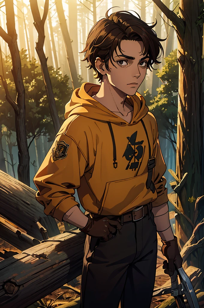 (mejor calidad, Obra maestra), mirando abajo, viento, Partícula, bosque de fondo, parte superior del cuerpo, 1 boy, ((latin skin)), ((brown hair)), (black eyes), (((mustard hoodie))), (bandages on hands), (scar on lip), ((on a forest, woods)), messy hair, rolled up sleeves, (goggles on head), leather gloves, ((baggy eyes)), welder tools, belt, dark circles under the eyes, black jeans, (soft smile)