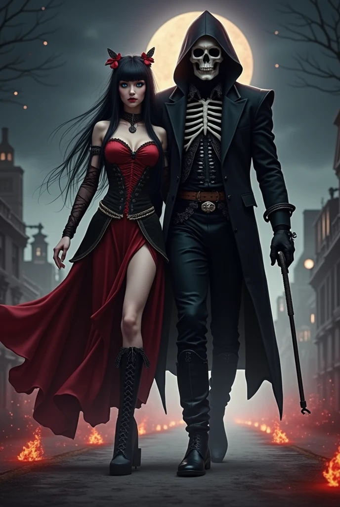 Blue-eyed skeletal skull wearing a black suit and black hat dancing with a woman dressed in red
