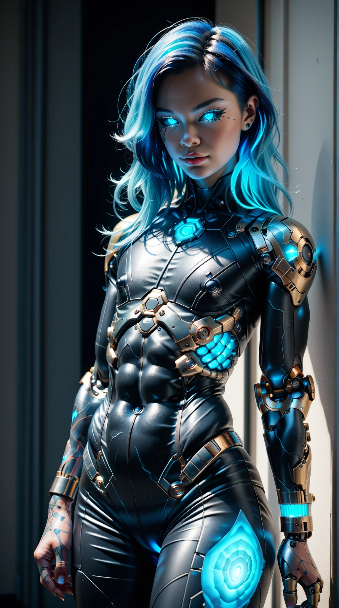 score_9, score_8_up, score_7_up, (Three quarters Shot), (1 girl), (asian), beautiful teenage (skinny) muscular goth cyborg girl, (full Cybernetic bodysuit:1.5), (black sclera:1.5), (blue glowing eyes:1.5), (blue glowing body veins:1.5), (flat chest:1.25), (blue glowing hair:1.25), (beautiful face:1.25), (bodybuilder femboy physique:1.25), (skinny long legs:0.75), (intricate gold filagree:1.25), bimbo lips, cowboy shot, cybernetic, mechanoid body parts, exposed cables and circuits, neon lights, gothic neon style, cyber punk style, super realistic image, beautiful digital paint , hyper Realistic illustrations, CyberRealistic_Negative_PONY-neg,CyberRealistic_Negative_PONY