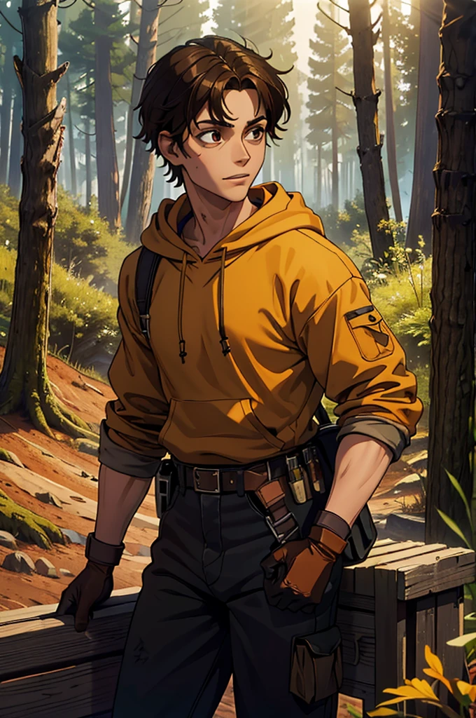 (mejor calidad, Obra maestra), mirando abajo, viento, Partícula, bosque de fondo, parte superior del cuerpo, 1 boy, ((latin skin)), ((brown hair)), (black eyes), (((mustard hoodie))), (bandages on hands), (scar on lip), ((on a forest, woods)), messy hair, rolled up sleeves, (goggles on head), leather gloves, ((baggy eyes)), welder tools, belt, dark circles under the eyes, black jeans, happy, (soft smile)