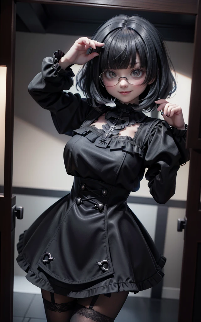 A girl， Black bob head with bangs ， With large black round eyeglass frame，Blue eye color， micro mini skirt with ruffles , heavy goth makeup , smile into the camera，gothic