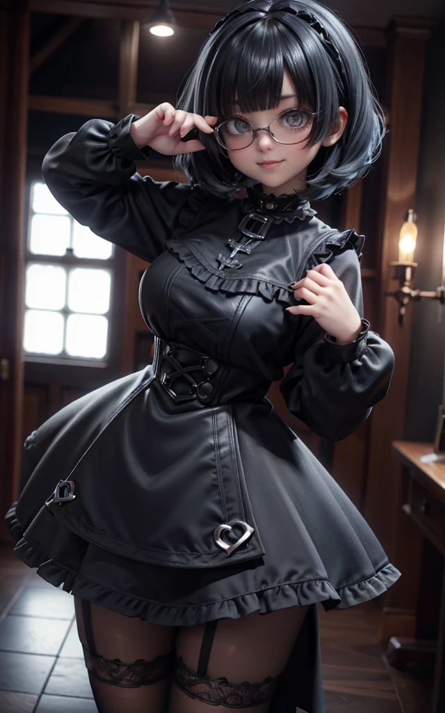 A girl， Black bob head with bangs ， With large black round eyeglass frame，Blue eye color， micro mini skirt with ruffles , heavy goth makeup , smile into the camera，gothic