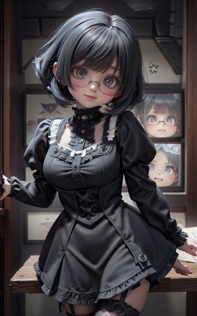 A girl， Black bob head with bangs ， With large black round eyeglass frame，Blue eye color， micro mini skirt with ruffles , heavy goth makeup , smile into the camera，gothic