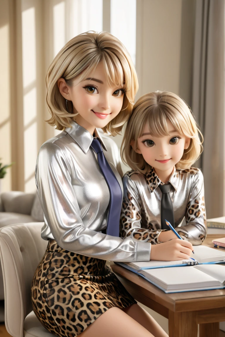 Mother and young daughter in extremely tight shiny silver blouse buttoned with leopard print with tight skirt, Necktie,  high resolution ,  masterpiece, Medium hair,  blonde hair, smile, Lens reflection, Reflected light, Are at home doing homework ,