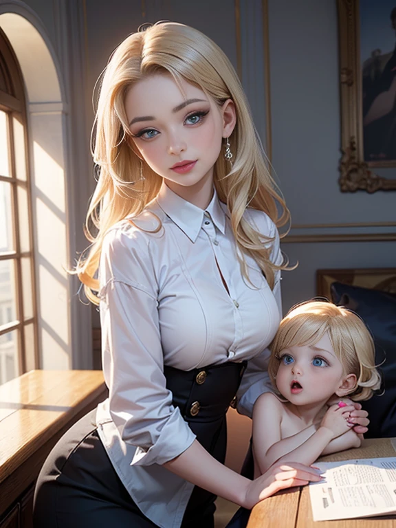 Authentic photo quality、Extraordinary beauty、Gentle and cheerful look、lustrous beautiful skin、White muscle、Sexy and refreshing perfect beautiful cute face、Glowing bangs、Super Long Platinum Blonde Straight Silky Hair、Very cute 18 year old beautiful girl、Big beautiful blue eyes、School Uniforms、accompanied with her young son, sitting on lap, 1boy, mother and son