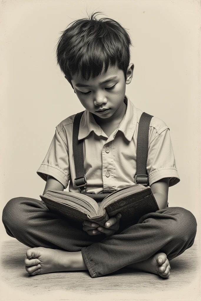 a boy in a white shirt is sitting on books, black trousers, black boots, holding a book in his hands on a white background
