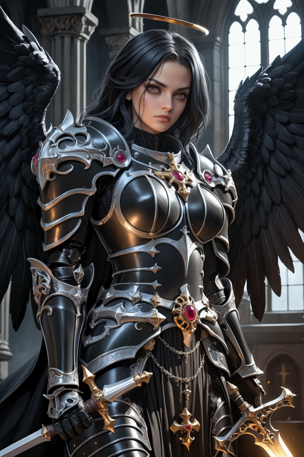 a woman in armor holding a sword and a sword, angel knight gothic girl, villainess has black angel wings, detailed fantasy art, angel knight girl, epic fantasy art style hd, 4k fantasy art, dark armor, stunning armor, hd fantasy art, deathknight, 8k fantasy art, highly detailed fantasy art, wow 4 k detail fantasy, dark angel