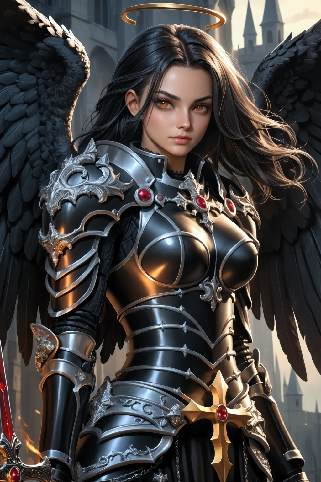 a woman in armor holding a sword and a sword, angel knight gothic girl, villainess has black angel wings, detailed fantasy art, angel knight girl, epic fantasy art style hd, 4k fantasy art, dark armor, stunning armor, hd fantasy art, deathknight, 8k fantasy art, highly detailed fantasy art, wow 4 k detail fantasy, dark angel