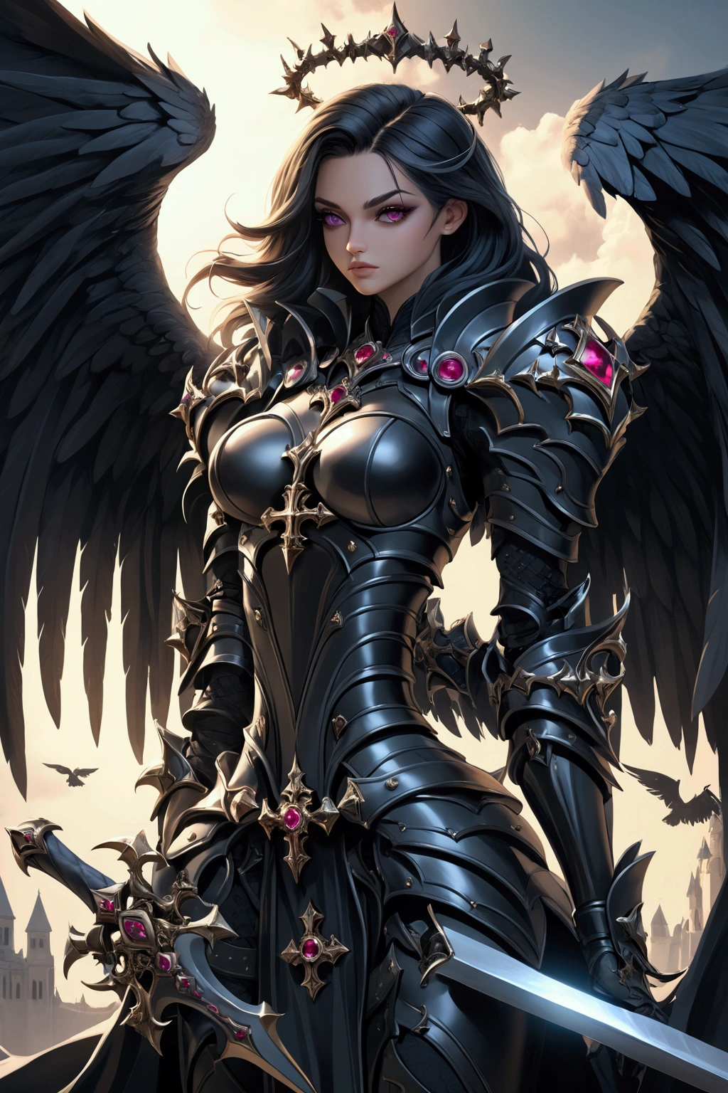 a woman in armor holding a sword and a sword, angel knight gothic girl, villainess has black angel wings, detailed fantasy art, angel knight girl, epic fantasy art style hd, 4k fantasy art, dark armor, stunning armor, hd fantasy art, deathknight, 8k fantasy art, highly detailed fantasy art, wow 4 k detail fantasy, dark angel