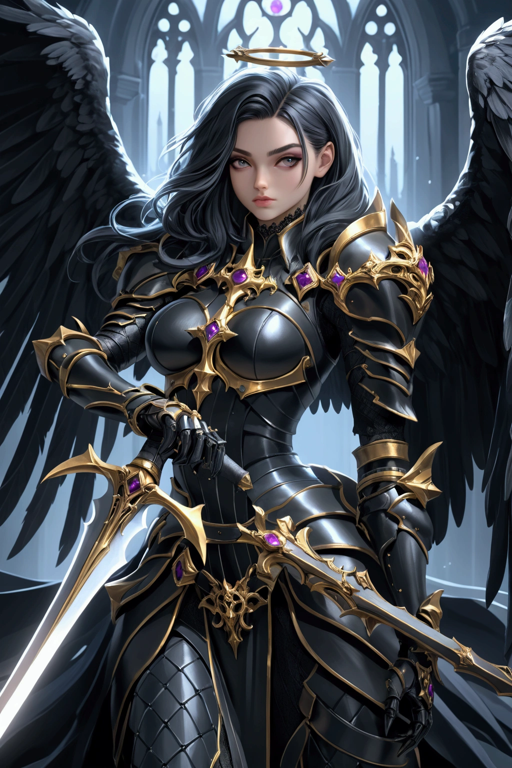 a woman in armor holding a sword and a sword, angel knight gothic girl, villainess has black angel wings, detailed fantasy art, angel knight girl, epic fantasy art style hd, 4k fantasy art, dark armor, stunning armor, hd fantasy art, deathknight, 8k fantasy art, highly detailed fantasy art, wow 4 k detail fantasy, dark angel