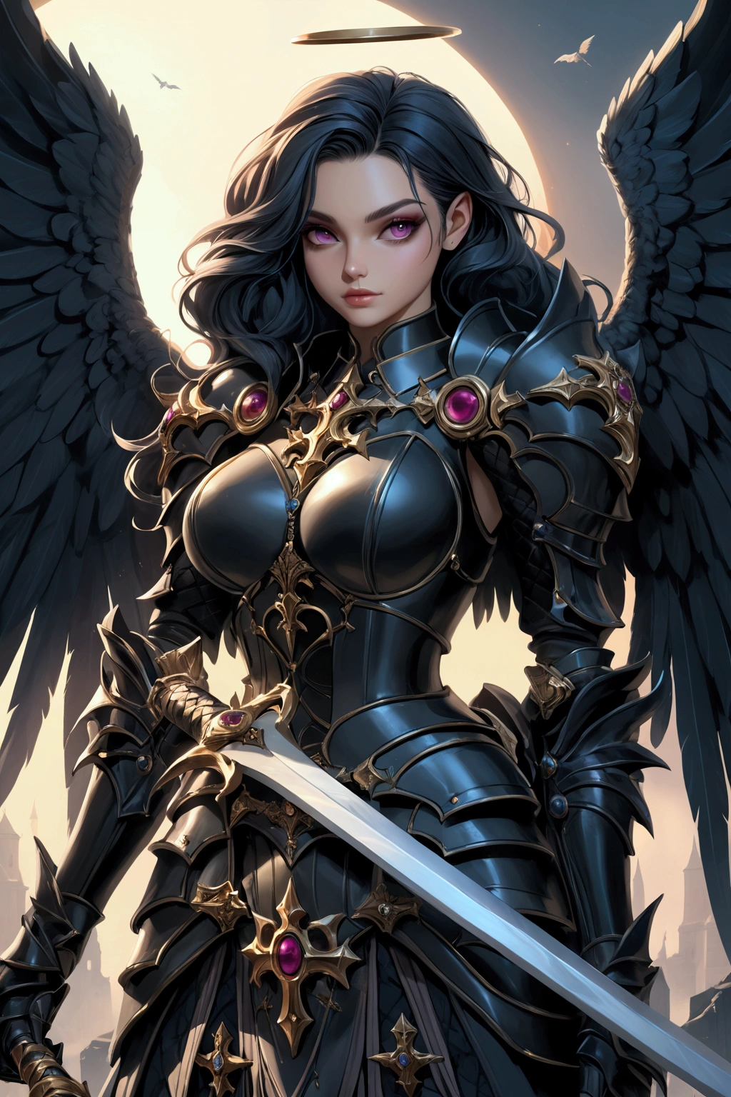 a woman in armor holding a sword and a sword, angel knight gothic girl, villainess has black angel wings, detailed fantasy art, angel knight girl, epic fantasy art style hd, 4k fantasy art, dark armor, stunning armor, hd fantasy art, deathknight, 8k fantasy art, highly detailed fantasy art, wow 4 k detail fantasy, dark angel