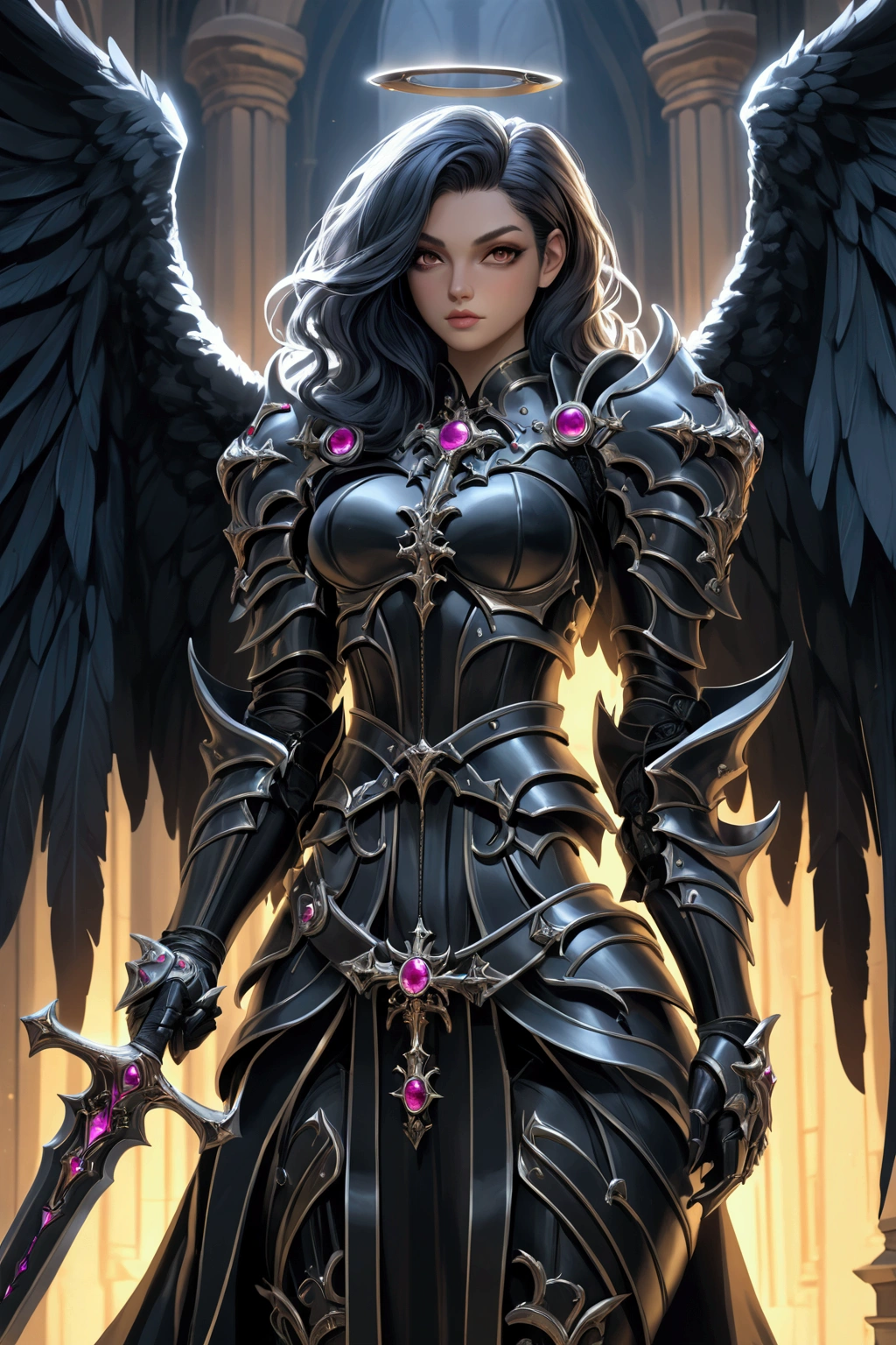 a woman in armor holding a sword and a sword, angel knight gothic girl, villainess has black angel wings, detailed fantasy art, angel knight girl, epic fantasy art style hd, 4k fantasy art, dark armor, stunning armor, hd fantasy art, deathknight, 8k fantasy art, highly detailed fantasy art, wow 4 k detail fantasy, dark angel