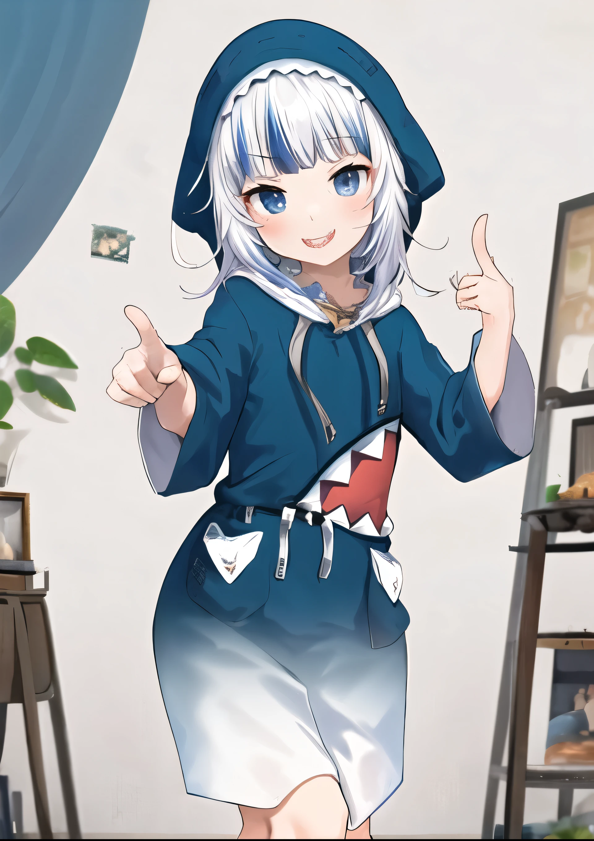 best quality, intricate details, 

1girl, white hair, blue eyes, sharp eyes,messy hair, blue highlights, sharp teeth, 

blue hoodie, shark teeth design, bare legs, hair ornament, gawr gura, shark girl, shark tail, shark print, blue hoodie, sharp teeth, shark hair ornament,  <lora:gawrGuraHololive_v3:0.8>  <lora:akanbeFace_akanbev1:0.8> akanbe, finger to eye, one eye closed, tongue out,