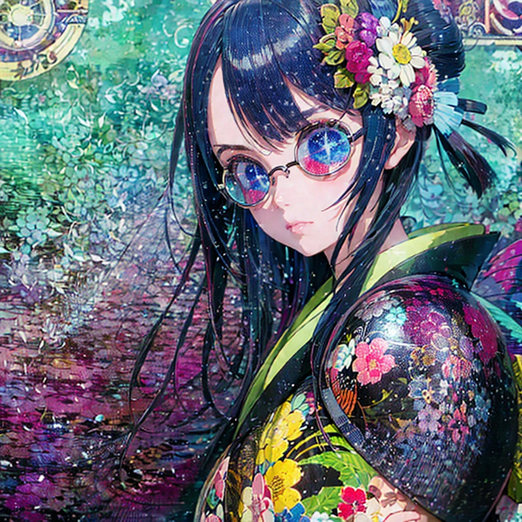 1 woman, happy modern anime body with blue eyes and gothic eyeliner, beautiful round sunglasses, tattoos on face, arms behind back and hidden, flower kimono, half body, contemporary traditional Japanese painting background, traditional Japanese painting background art, image for a music album cover