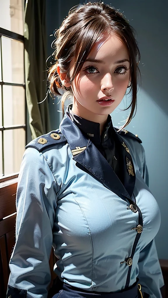 ( highest resolution,  clear_image)  top quality, Single,  one woman, Alone,   Masterpiece  ,((Upper Body)), ((Big breasts)),((realistic:1.2)), high definition, Semi-realistic, Black short hair,  black hair , bangs, 18 years old,  mature, ((light blue   military uniform :1.4)),   ((military uniform:1.4)) ,  indoor background,  kind, Dignified, Powerful,  exquisite face ,  exquisite face 