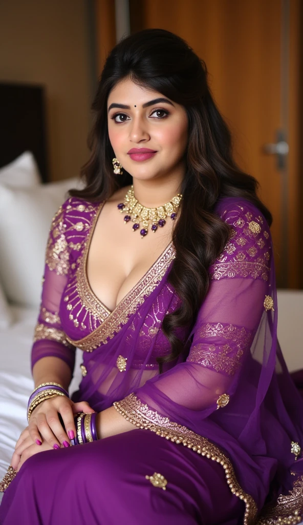 Indian girl wearing purple colour saree sitting on bed huge boobs and purple colour jewellery and looking so sexy