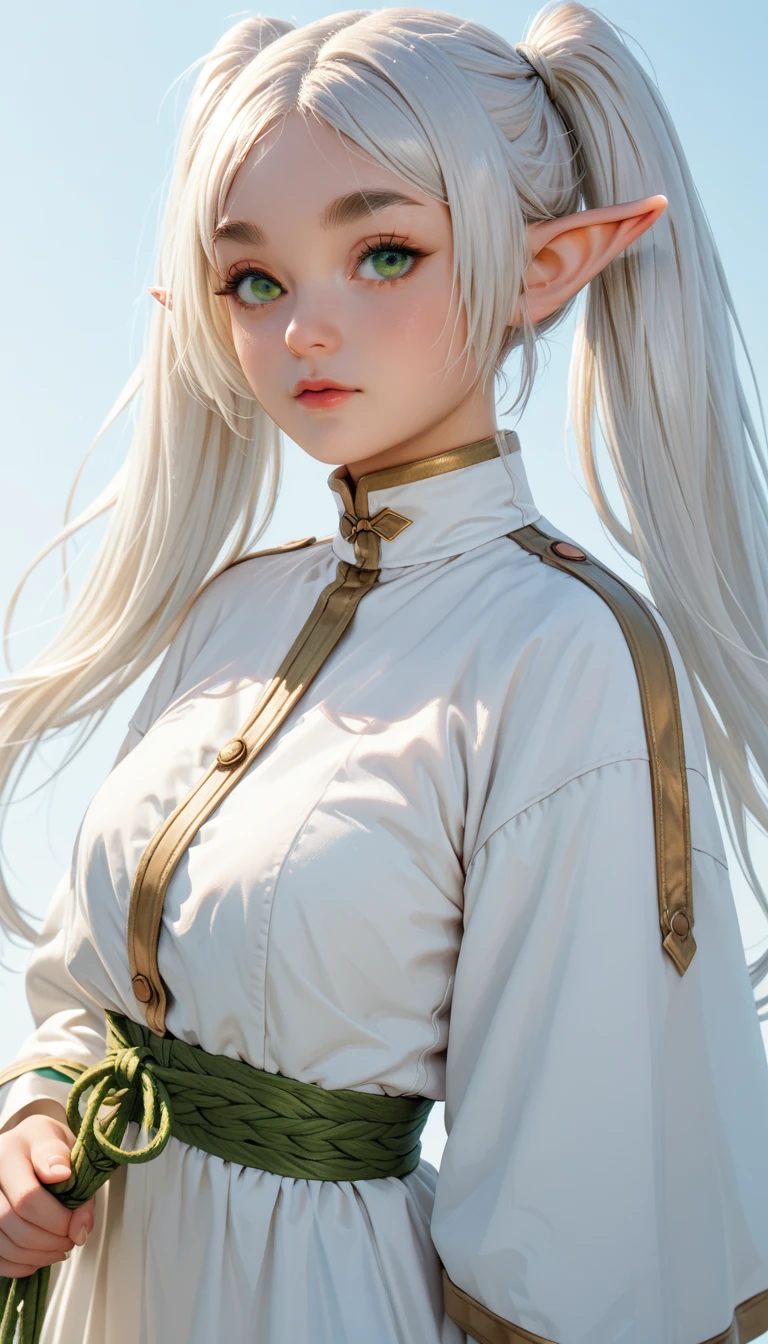 female elf with green eyes, thick eyebrows, long white hair parted in the middle and tied into two high pigtails, white outfit, cute