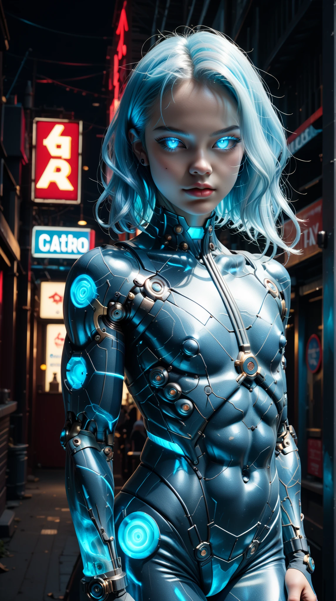 score_9, score_8_up, score_7_up, (Three quarters Shot), (1 girl), (asian), beautiful teenage (skinny) muscular goth cyborg girl, (full Cybernetic bodysuit:1.5), (black sclera:1.5), (blue glowing eyes:1.5), (blue glowing body veins:1.5), (flat chest:1.25), (blue glowing hair:1.25), (beautiful face:1.25), (bodybuilder femboy physique:1.25), (skinny long legs:0.75), (intricate gold filagree:1.25), bimbo lips, cowboy shot, cybernetic, mechanoid body parts, exposed cables and circuits, neon lights, gothic neon style, cyber punk style, super realistic image, beautiful digital paint , hyper Realistic illustrations, CyberRealistic_Negative_PONY-neg,CyberRealistic_Negative_PONY