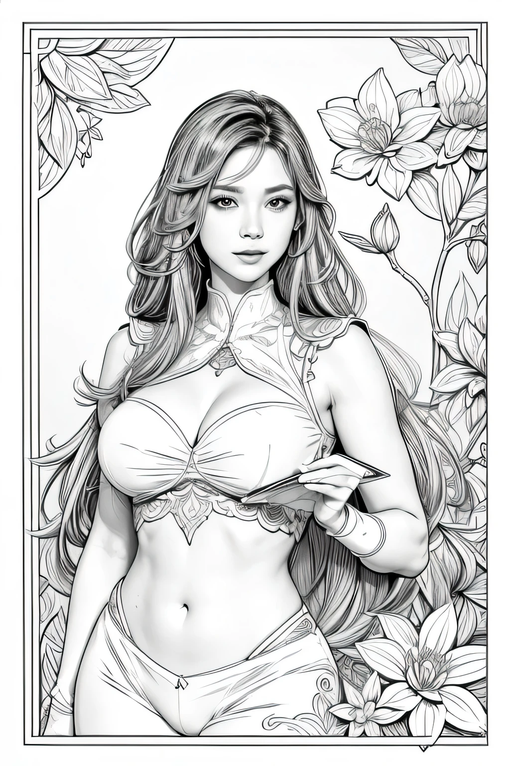 Full body shot adult colouring book, no detail, outline no colour, fill frame, clipart white background an ultra hot gorgeous european woman, age 23, she’s a men magazine model, she’s a playmate. She a futuristic warrior, sexy suggestive pose, wears sheer lace lingerie, high detail adult coloring book page thin black lines white background, Milo Manara style, no shading, b/w image, clean line art, no color,clean simple lineart, vector