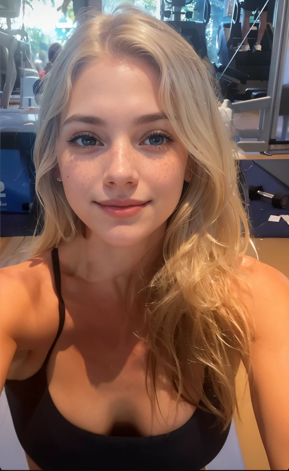 taken with the iPhone camera BREAK selfie in medium shot of a young and pretty woman BREAK (ombre:1.3) BREAK film grain pink blonde, calidad media