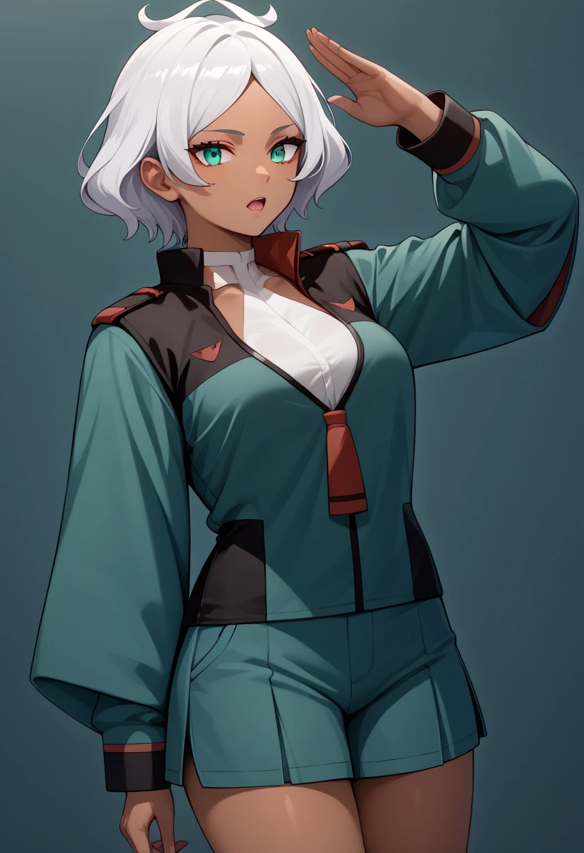 score_9, score_8_up, score_7_up, score_6_up, source_anime, 1 girl, seceliadote, secelia dote, dark skin, dark-skinned female, green eyes, short hair, white hair, asticassia school uniform, green jacket, jacket, school uniform, shirt, shoulder boards, thighs, white shirt, bare legs, salute, expressionless, void eyes, opened mouth,cowboy shot,simple background,dutch angle
