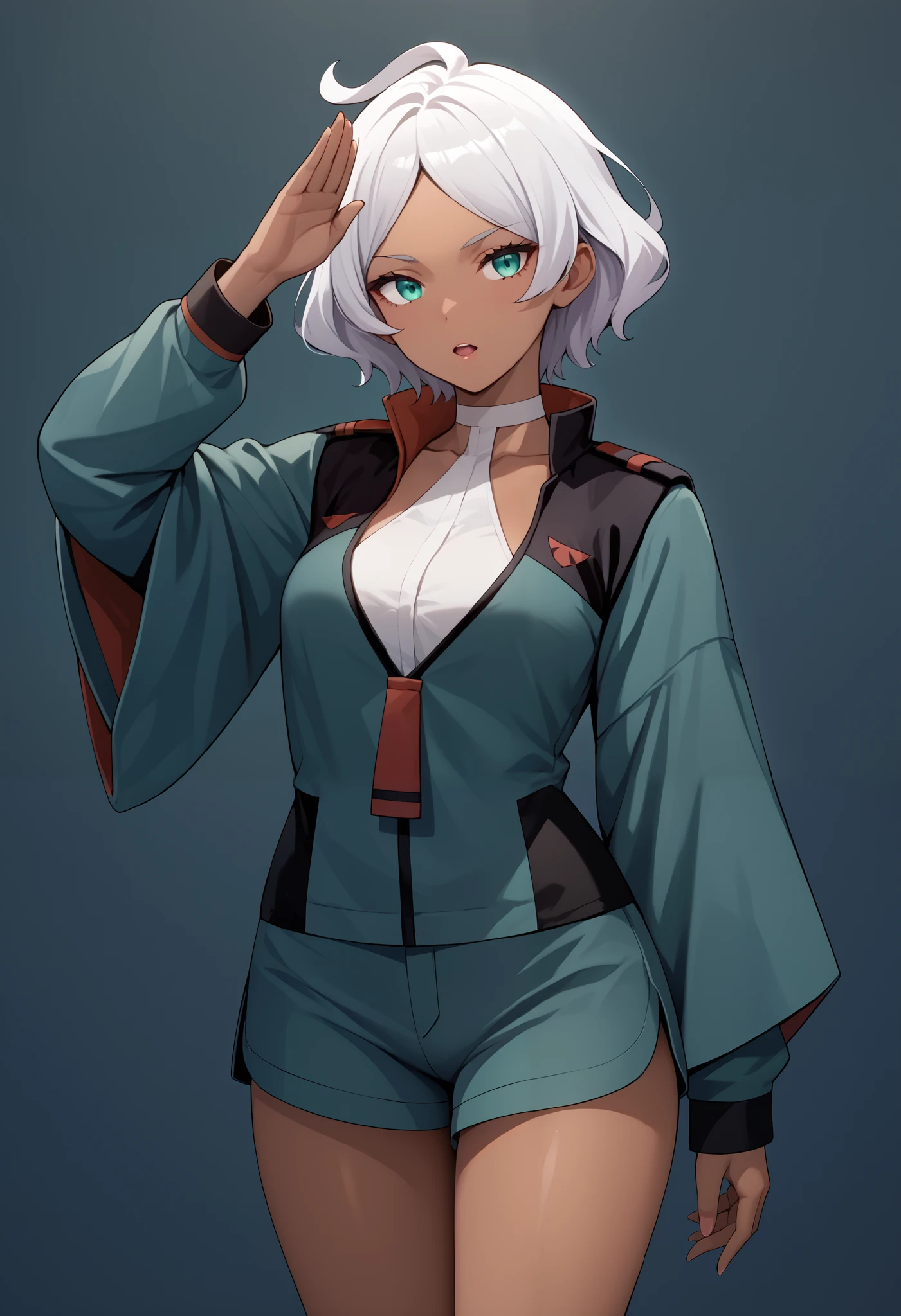 score_9, score_8_up, score_7_up, score_6_up, source_anime, 1 girl, seceliadote, secelia dote, dark skin, dark-skinned female, green eyes, short hair, white hair, asticassia school uniform, green jacket, jacket, school uniform, shirt, shoulder boards, thighs, white shirt, bare legs, salute, expressionless, void eyes, opened mouth,cowboy shot,simple background,