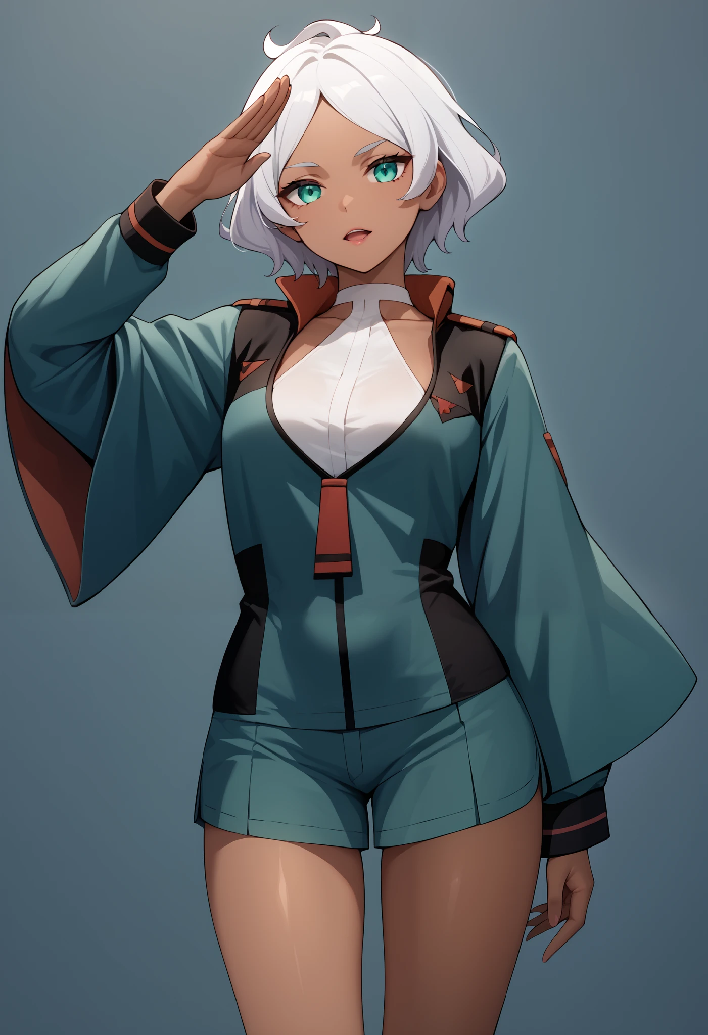 score_9, score_8_up, score_7_up, score_6_up, source_anime, 1 girl, seceliadote, secelia dote, dark skin, dark-skinned female, green eyes, short hair, white hair, asticassia school uniform, green jacket, jacket, school uniform, shirt, shoulder boards, thighs, white shirt, bare legs, salute, expressionless, void eyes, opened mouth,cowboy shot,simple background,