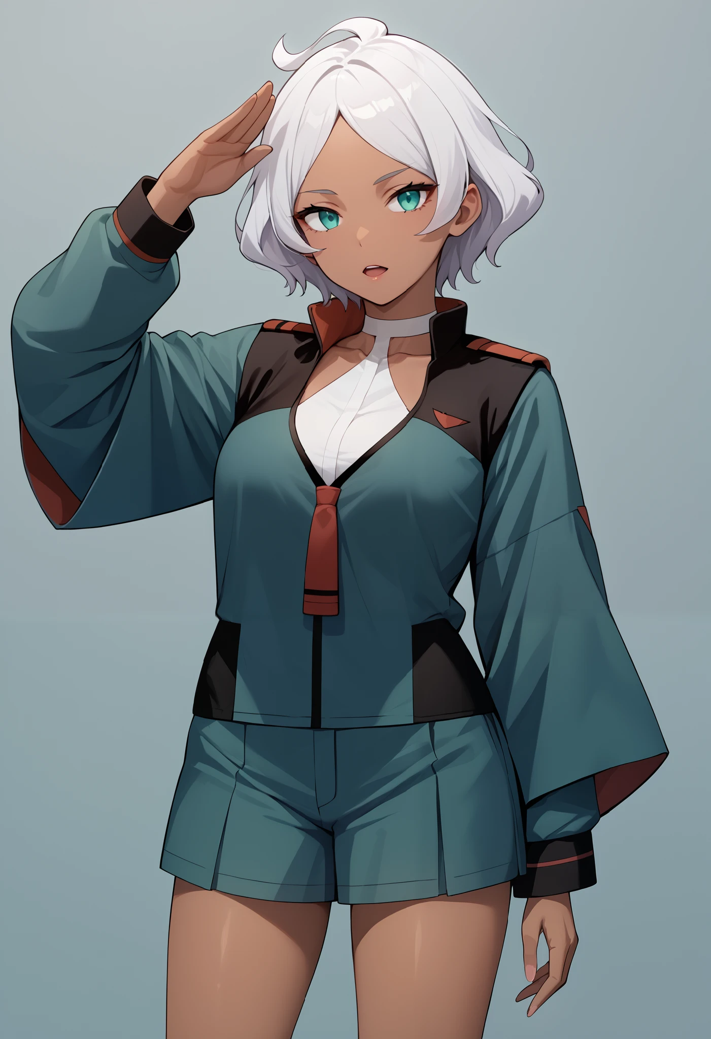 score_9, score_8_up, score_7_up, score_6_up, source_anime, 1 girl, seceliadote, secelia dote, dark skin, dark-skinned female, green eyes, short hair, white hair, asticassia school uniform, green jacket, jacket, school uniform, shirt, shoulder boards, thighs, white shirt, bare legs, salute, expressionless, void eyes, opened mouth,cowboy shot,simple background,