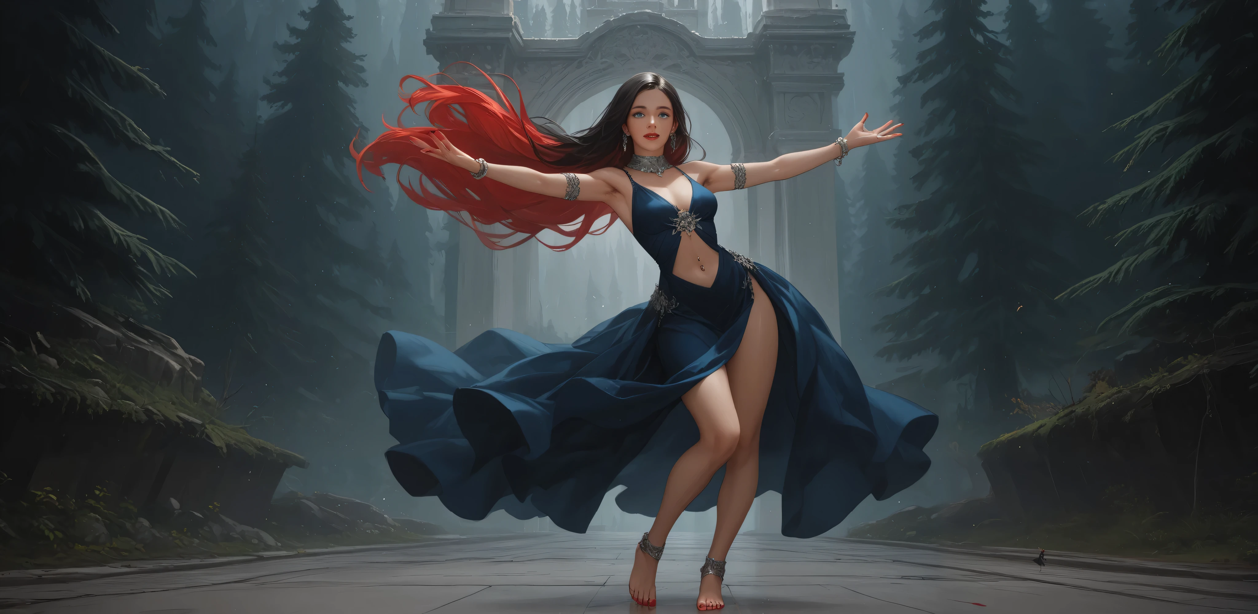 man, blue clothes,  full body , silver rings ,  long straight hair ,  black hair,  pose,  high contrast , perfect feet,  dark skin,  best quality ,  masterpiece ,  Silver Bracelet,  High Definition,  Blue Eyes,  perfect face,  perfect hands,  perfect eyes, perfect nose, hairy armpit , blood, girl ,  black dress,  full body , silver collar , earring, silver rings ,  long straight hair ,  red hair ,  pose,  high contrast , perfect feet, light skin,  best quality ,  masterpiece ,  Silver Bracelet,  High Definition, red nails,  red lips ,  silver navel piercing ,  Blue Eyes, pine trees,  medium breasts,  perfect face,  perfect hands,  perfect eyes, hairy armpit , excited woman, perfect nose, dance, palace
